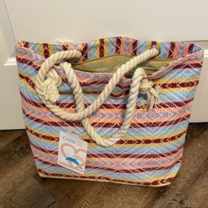 CODE LOVE Rope Handle Beach Tote Large Ikiet Multi Blue Canvas Bag